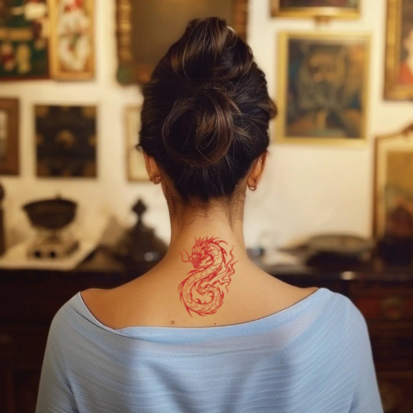 best cool simple small red color japanese dragon outline symbolism fake realistic temporary tattoo sticker design idea drawing for men and women on neck back