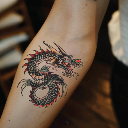 best cool simple small traditional dragon color fake realistic temporary tattoo sticker design idea drawing for men and women on forearm lower arm
