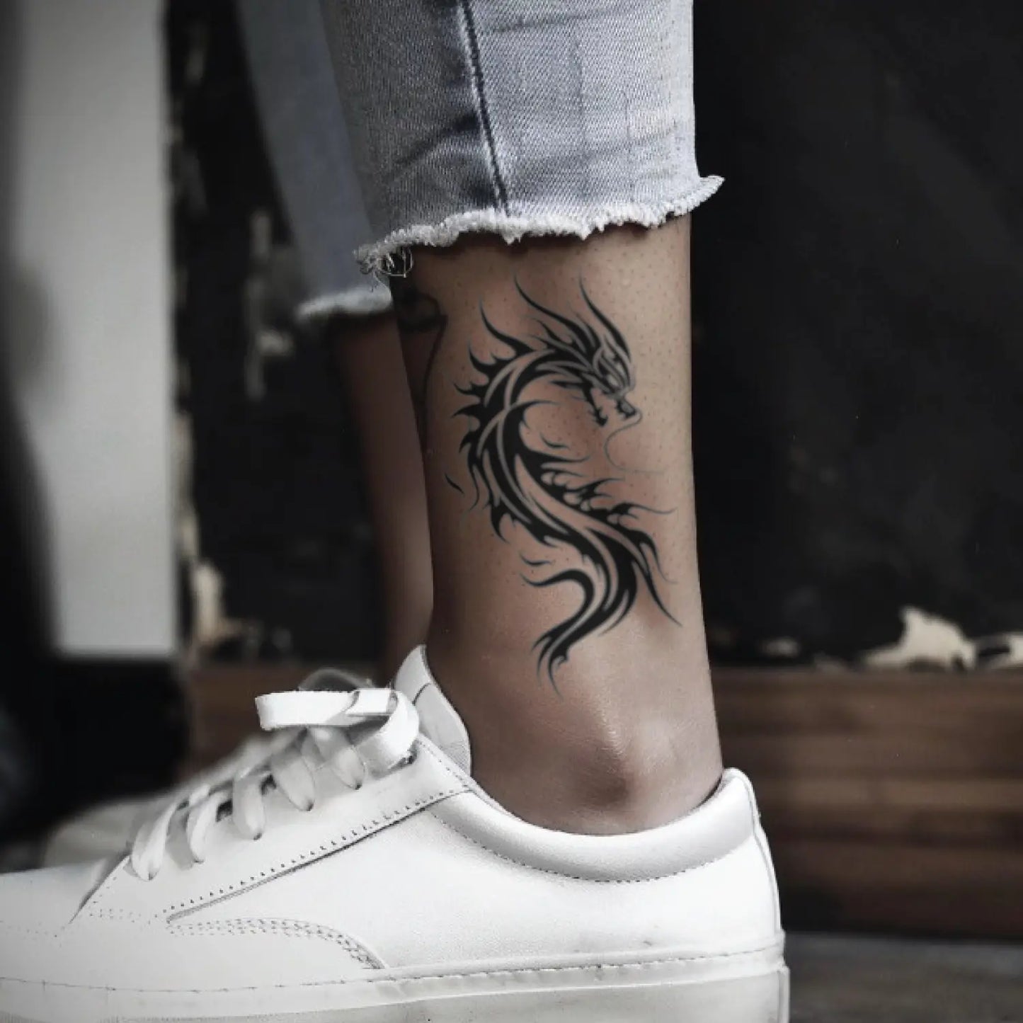 best cool simple small black color tribal dragon fake realistic temporary tattoo sticker design idea drawing for men and women on ankle leg