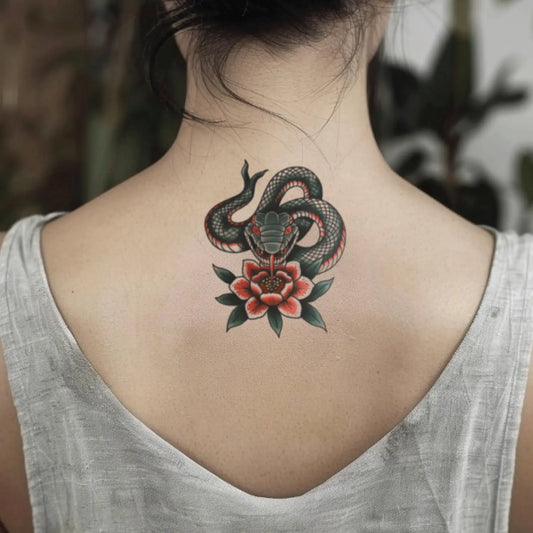 best cool simple small green color traditional Japanese floral snake flower fake realistic temporary tattoo sticker design idea drawing for men and women on neck back