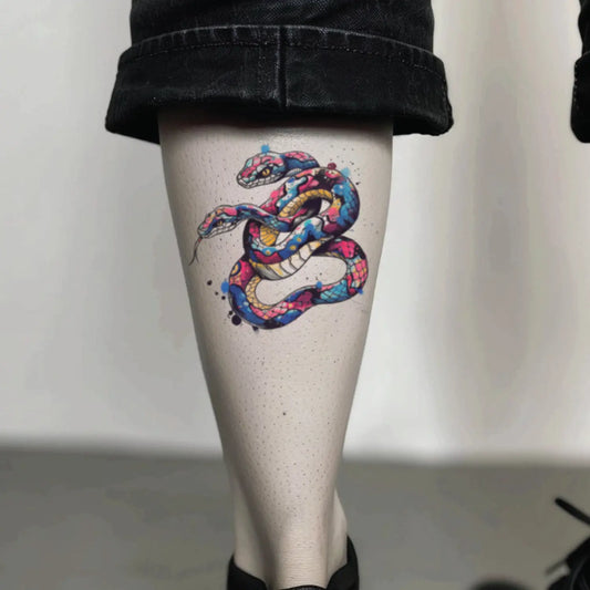 best cool simple small watercolor colorful two double headed snake fake realistic temporary tattoo sticker design idea drawing for men and women on calf ankle leg