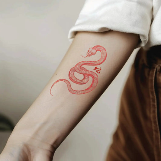 best cool simple small red color Chinese snake zodiac symbolic fake realistic temporary tattoo sticker design idea drawing for men and women on forearm lower inner arm