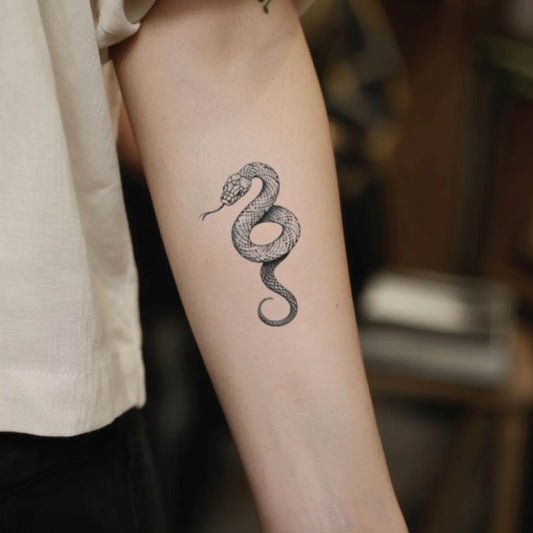 best cool simple small black grey color minimal snake fake realistic temporary tattoo sticker design idea drawing for men and women on forearm lower inner arm