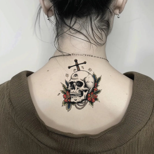 best cool simple small color traditional skull floral fake realistic temporary tattoo sticker design idea drawing for men and women on neck back