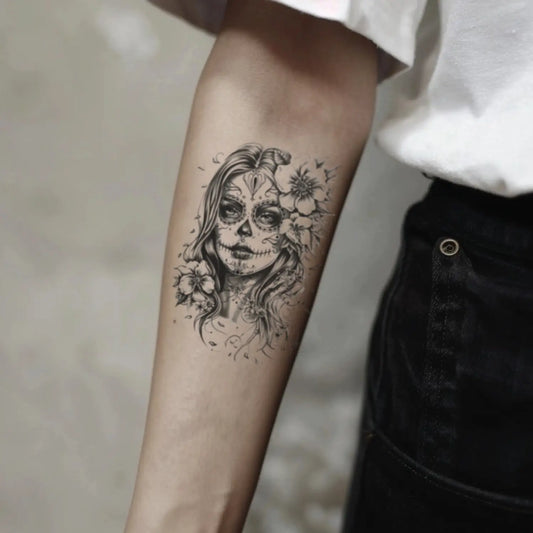 best cool simple small black grey color sugar skull woman fake realistic temporary tattoo sticker design idea drawing for men and women on forearm lower inner arm