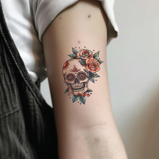 best cool simple small color sugar skull rose flower floral fake realistic temporary tattoo sticker design idea drawing for men and women on bicep upper arm