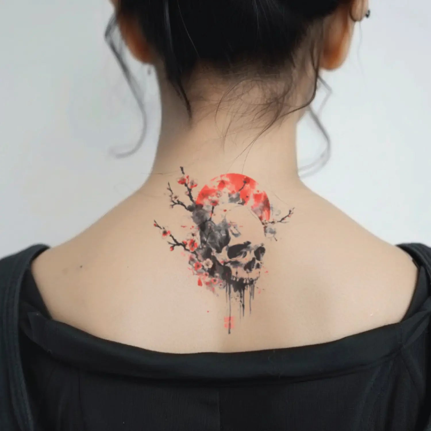 best cool simple small black red color japanese skull fake realistic temporary tattoo sticker design idea drawing for men and women on neck back