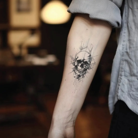 best cool simple small black gray color geometric skull fake realistic temporary tattoo sticker design idea drawing for men and women on forearm lower arm