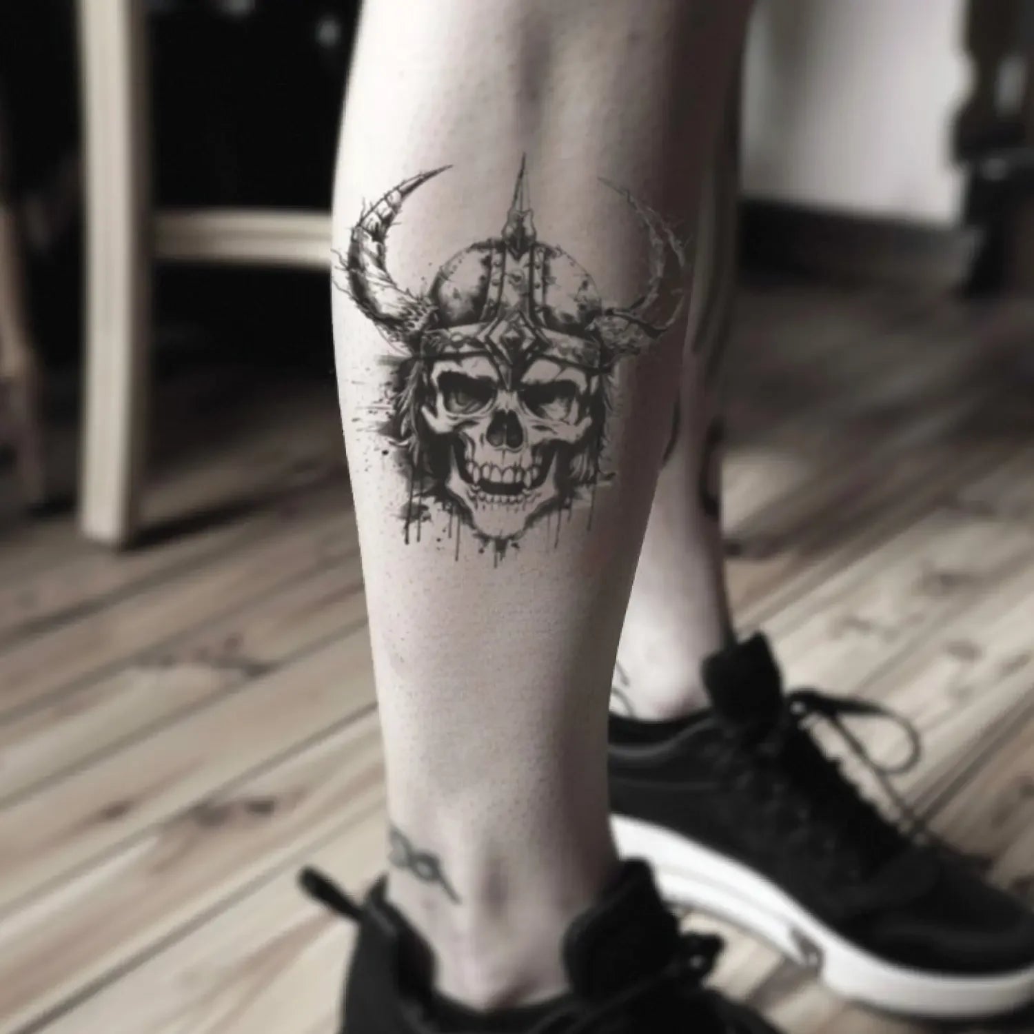 best cool simple small black grey color viking skull sketch fake realistic temporary tattoo sticker design idea drawing for men and women on calf ankle lower leg