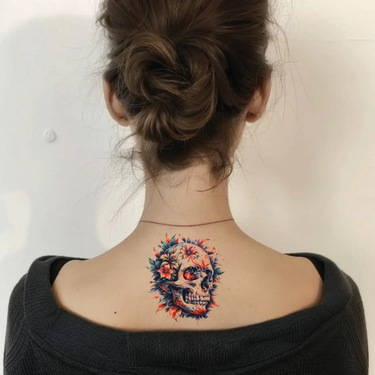 best cool simple small color neo traditional skull fake realistic temporary tattoo sticker design idea drawing for men and women on neck back