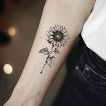 best cool simple small black white grey sunflower fake realistic temporary tattoo sticker design idea drawing for men and women on forearm lower arm