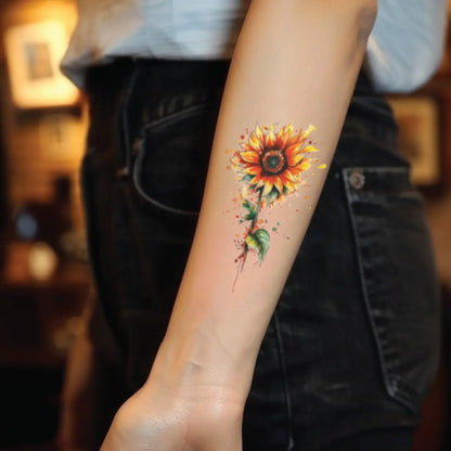 best cool simple small watercolor colorful sunflower fake realistic temporary tattoo sticker design idea drawing for men and women on forearm lower arm