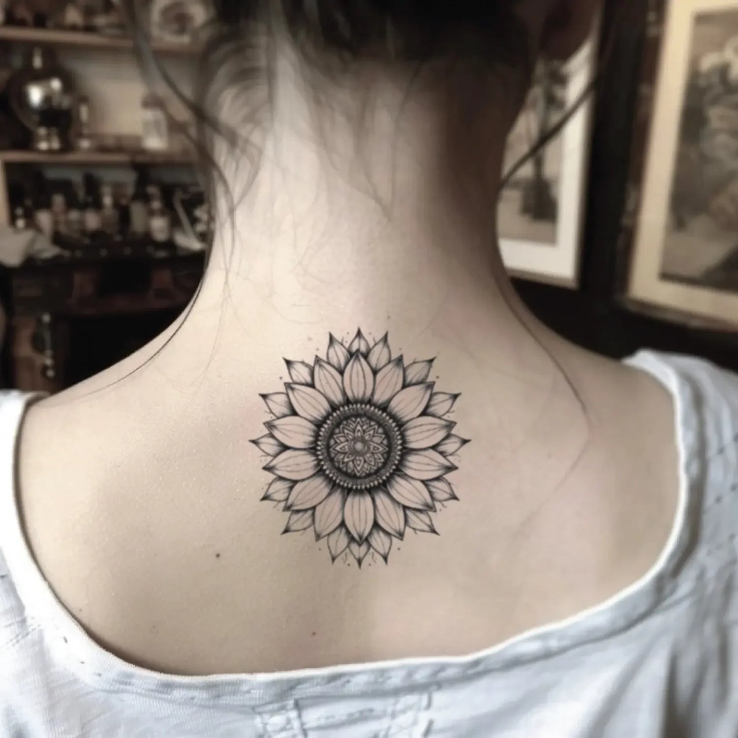 best cool simple small black color mandala sunflower fake realistic temporary tattoo sticker design idea drawing for men and women on neck back