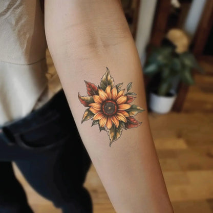 best cool simple small yellow color traditional sunflower fake realistic temporary tattoo sticker design idea drawing for men and women on forearm inner lower arm