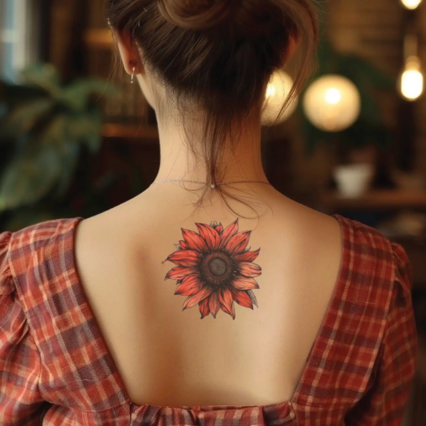 best cool simple small black red color sunflower fake realistic temporary tattoo sticker design idea drawing for men and women on neck back