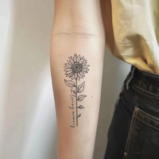 best cool simple small black color sunflower memorial in loving memory of lettering fake realistic temporary tattoo sticker design idea drawing for men and women on forearm lower inner arm