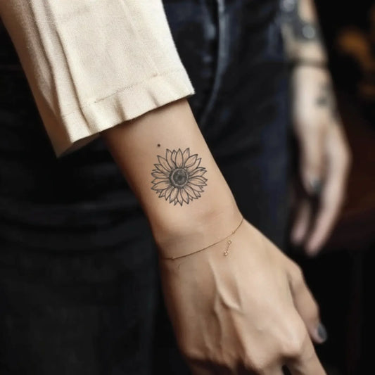 best cool simple small black color minimal fine line sunflower fake realistic temporary tattoo sticker design idea drawing for men and women on wrist