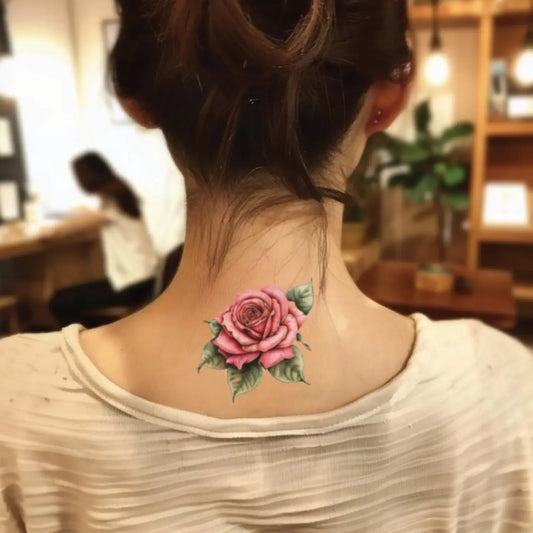 best cool simple small pink color rose flower floral fake realistic temporary tattoo sticker design idea drawing for men and women on neck back