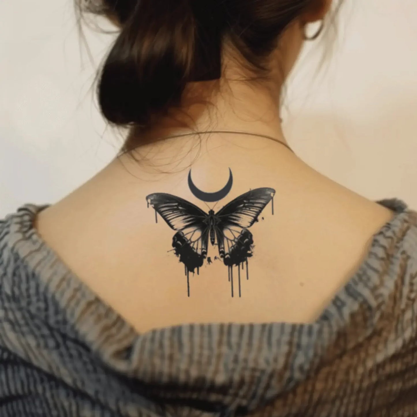 best cool simple small blackwhite grey color gothic butterfly fake realistic temporary tattoo sticker design idea drawing for men and women on neck back