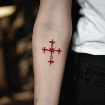 best cool simple small red color cross fake realistic temporary tattoo sticker design idea drawing for men and women on inner arm forearm