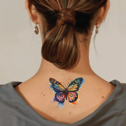 best cool simple small colorful butterfly watercolor fake realistic temporary tattoo sticker design idea drawing for men and women on neck back