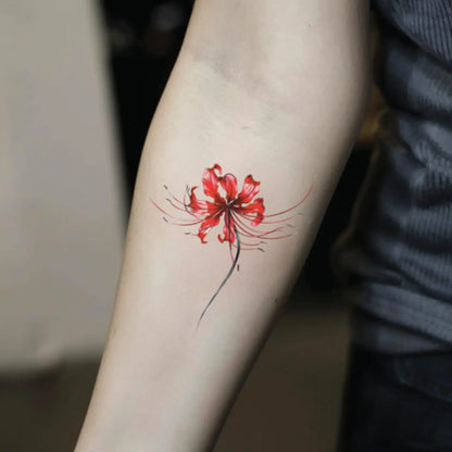 best cool simple small color red spider lily flower fake realistic temporary tattoo sticker design idea drawing for men and women on forearm inner lower arm