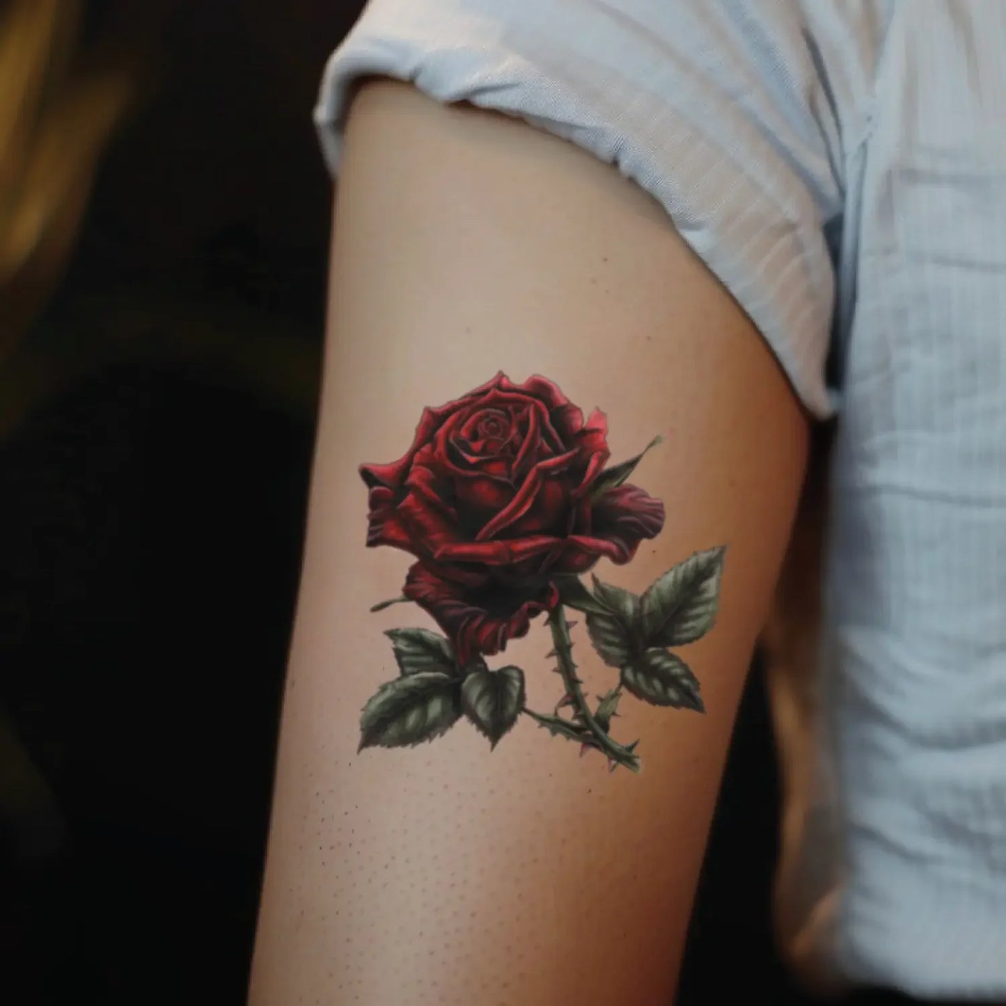 best cool simple small black red color realistic rose flower floral fake realistic temporary tattoo sticker design idea drawing for men and women on bicep upper arm