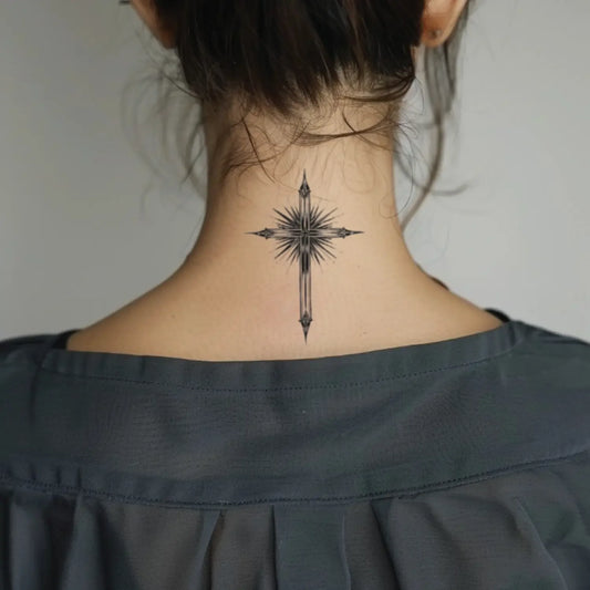 best cool simple small black grey color religious cross fake realistic temporary tattoo sticker design idea drawing for men and women on neck back