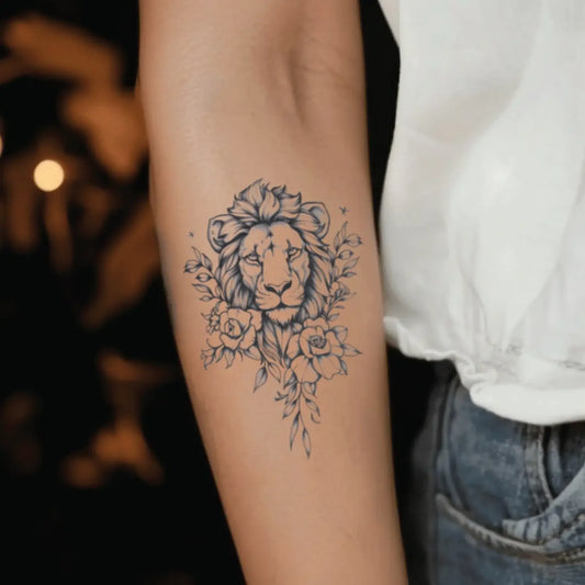 best cool simple small black grey color lion flowers fake realistic temporary tattoo sticker design idea drawing for men and women on forearm lower inner arm