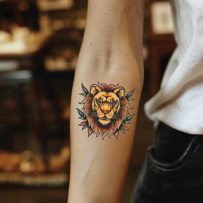 best cool simple small black grey color traditional lion fake realistic temporary tattoo sticker design idea drawing for men and women on forearm lower inner arm