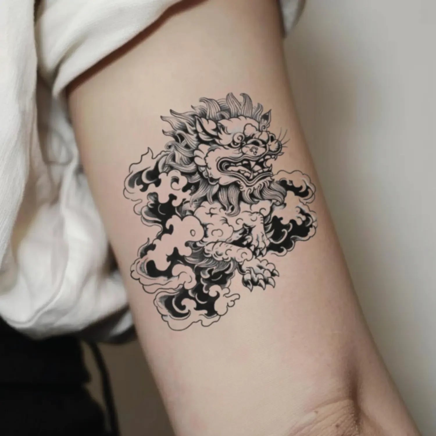 best cool simple small black grey color japanese lion fake realistic temporary tattoo sticker design idea drawing for men and women on bicep upper arm