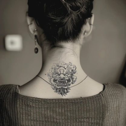 best cool simple small black grey color chinese lion fake realistic temporary tattoo sticker design idea drawing for men and women on neck back