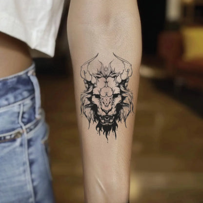 best cool simple small black grey color lion skull fake realistic temporary tattoo sticker design idea drawing for men and women on forearm lower inner arm