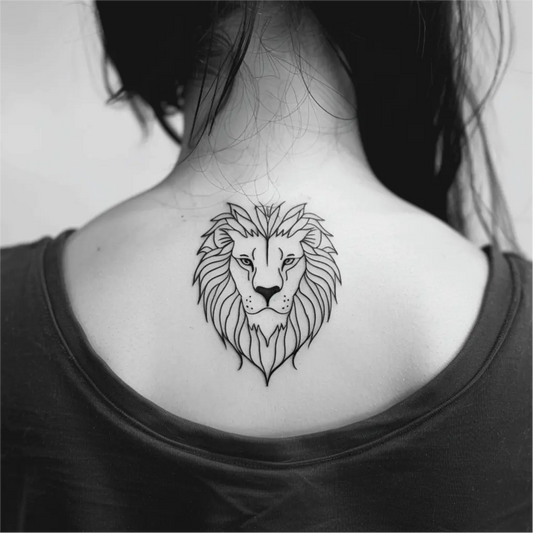 best cool simple small black white grey color minimal lion outline fake realistic temporary tattoo sticker design idea drawing for men and women on neck back