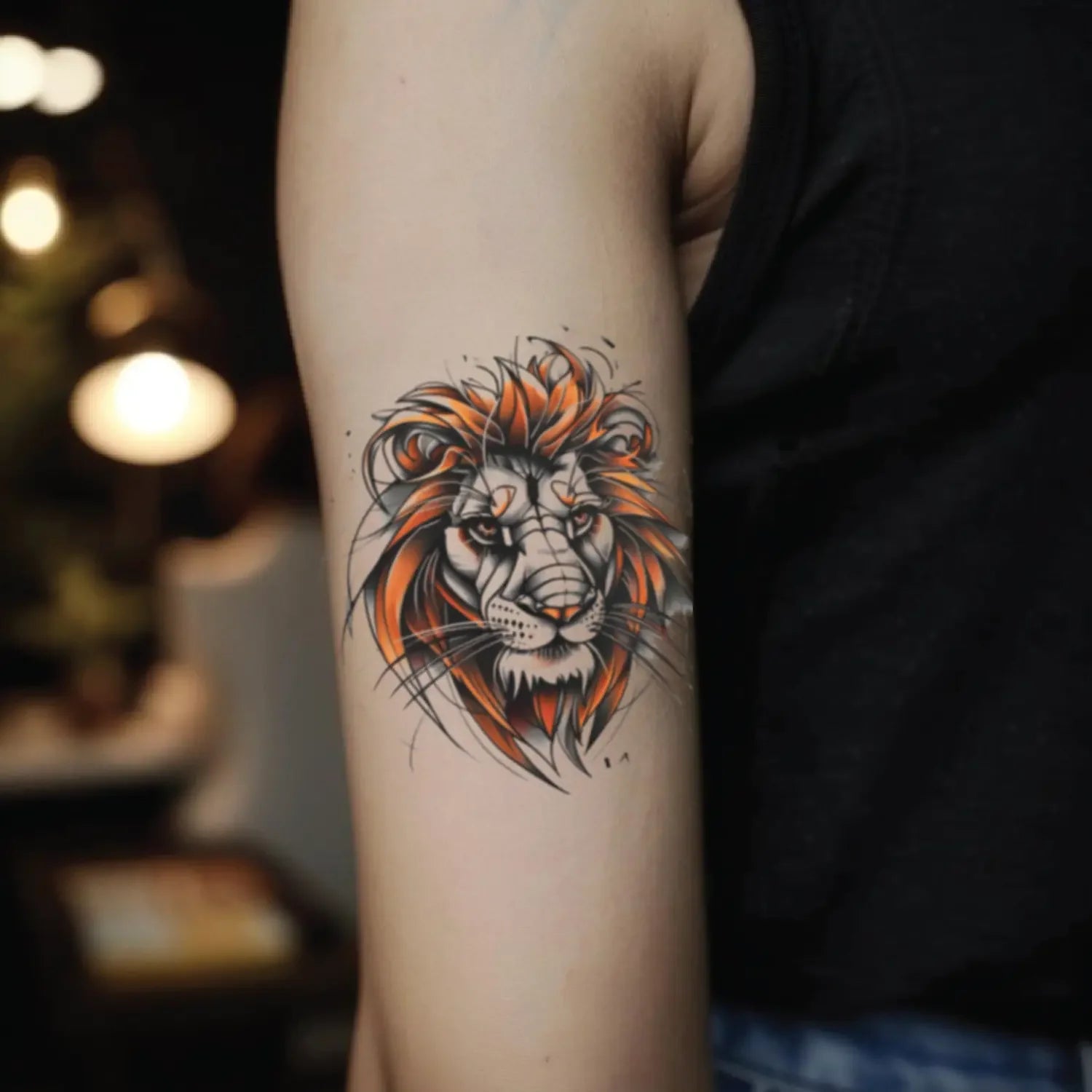 best cool simple small black white grey color neo traditional lion fake realistic temporary tattoo sticker design idea drawing for men and women on bicep upper arm