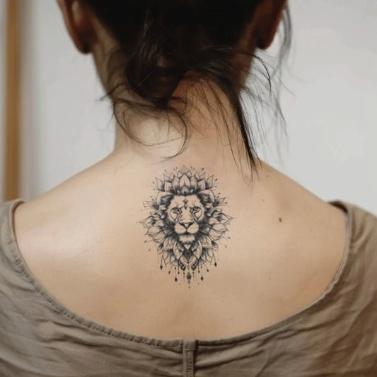 best cool simple small black white grey color lion mandala fake realistic temporary tattoo sticker design idea drawing for men and women on neck back