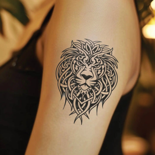 best cool simple small black white grey color celtic lion fake realistic temporary tattoo sticker design idea drawing for men and women on bicep upper arm