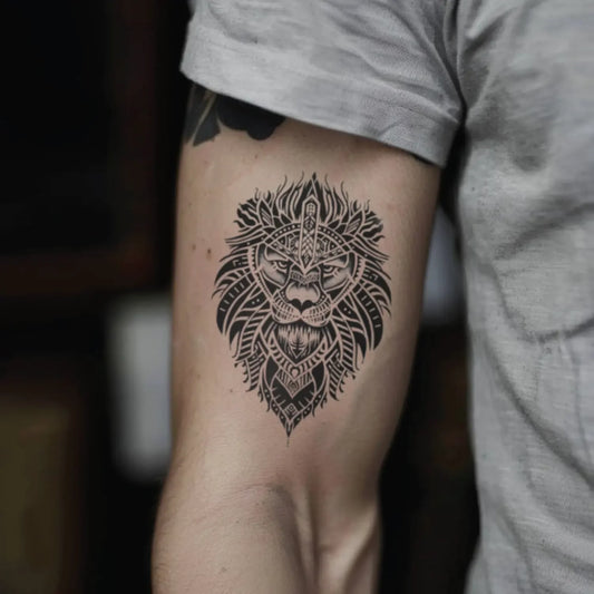 best cool simple small black white grey color polynesian lion fake realistic temporary tattoo sticker design idea drawing for men and women on bicep upper arm
