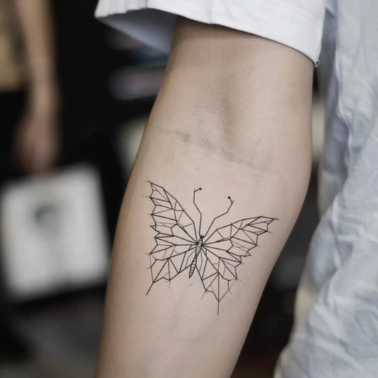 best cool simple small black white grey color geometric butterfly fake realistic temporary tattoo sticker design idea drawing for men and women on lower inner arm