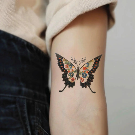 best cool simple small black white grey color japanese butterfly fake realistic temporary tattoo sticker design idea drawing for men and women on bicep upper arm