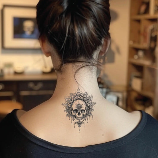 best cool simple small black white grey color mandala skull fake realistic temporary tattoo sticker design idea drawing for men and women on neck back