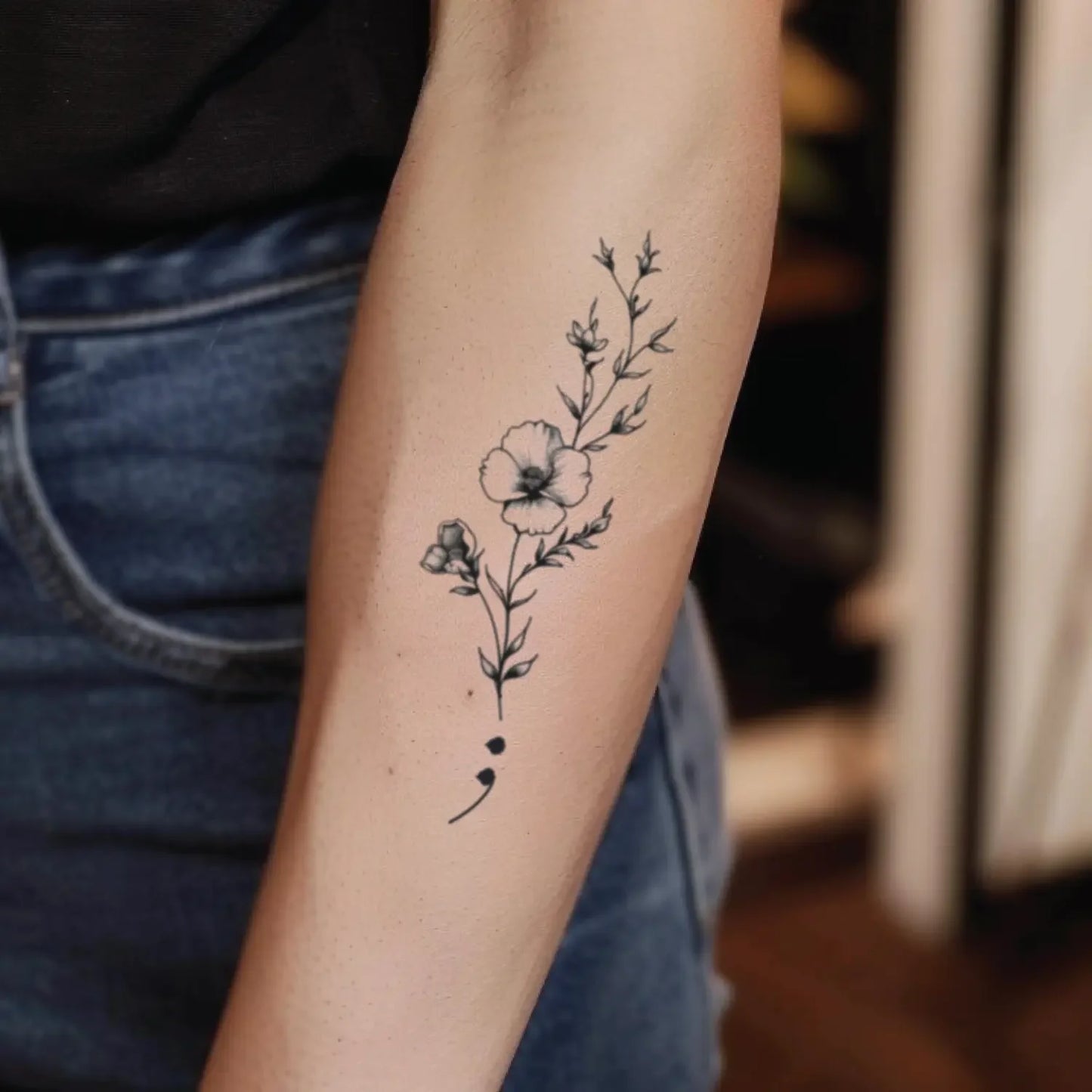 best cool simple small black white grey color semicolon symbol flower fake realistic temporary tattoo sticker design idea drawing for men and women on forearm lower arm