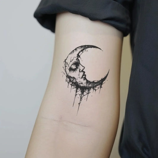 best cool simple small black white grey color gothic moon fake realistic temporary tattoo sticker design idea drawing for men and women on bicep upper arm