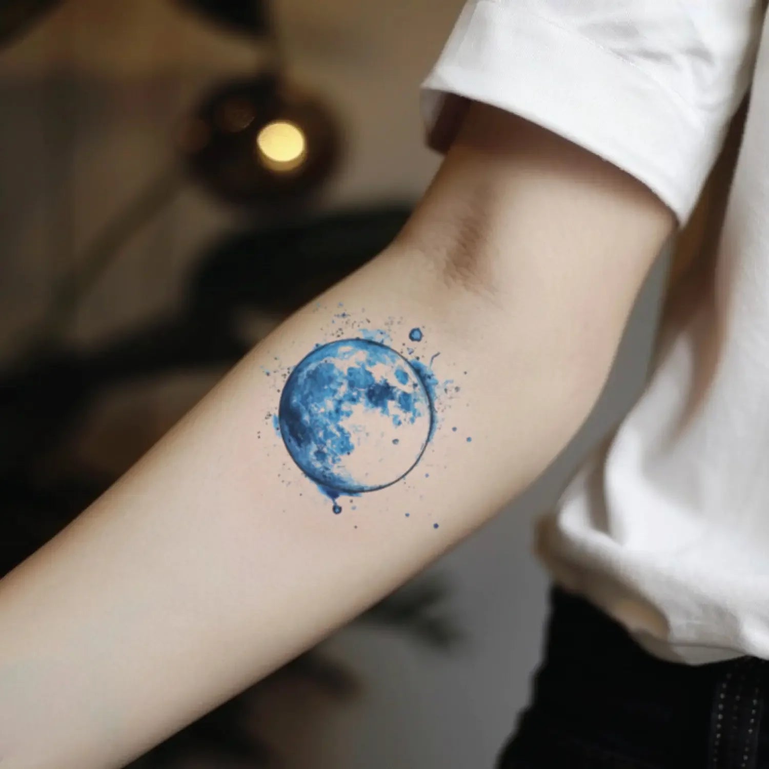 best cool simple small blue color moon fake realistic temporary tattoo sticker design idea drawing for men and women on forearm lower inner arm