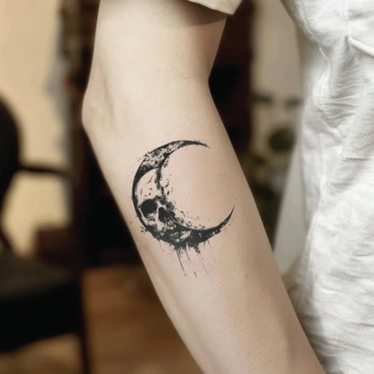 best cool simple small black white grey color skull moon fake realistic temporary tattoo sticker design idea drawing for men and women on forearm lower arm