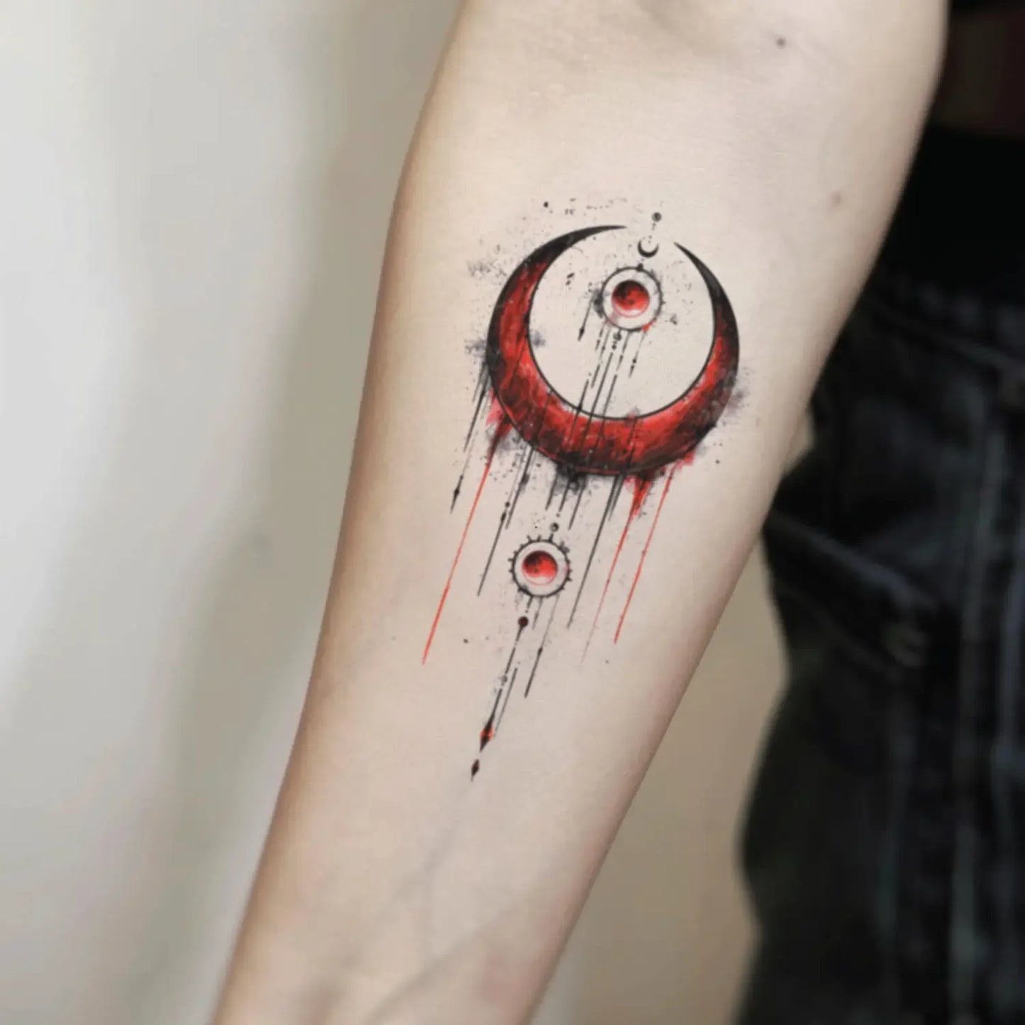 best cool simple small red color geometric moon fake realistic temporary tattoo sticker design idea drawing for men and women on forearm lower inner arm