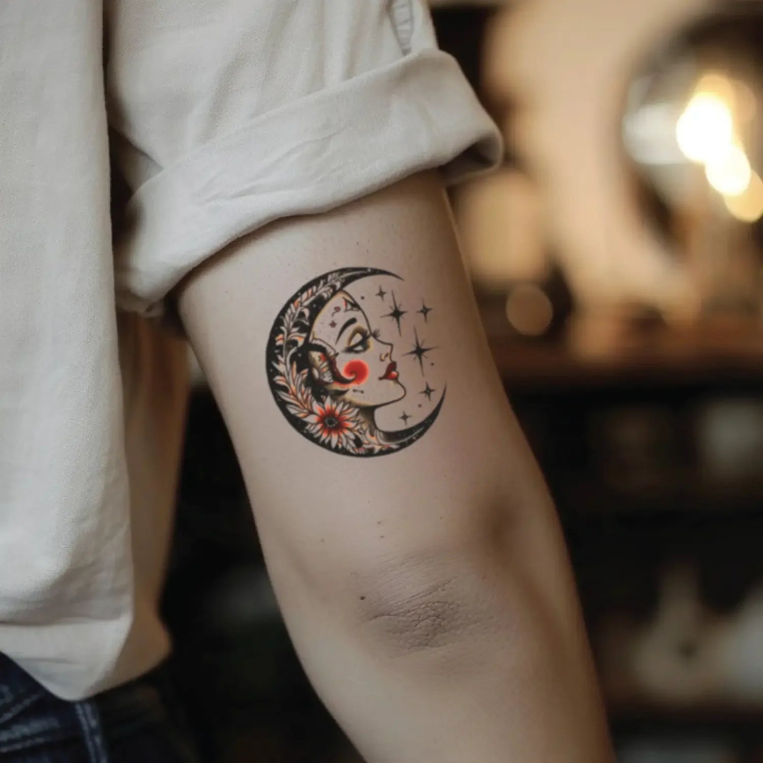 best cool simple small black white grey color traditional moon fake realistic temporary tattoo sticker design idea drawing for men and women on bicep upper arm