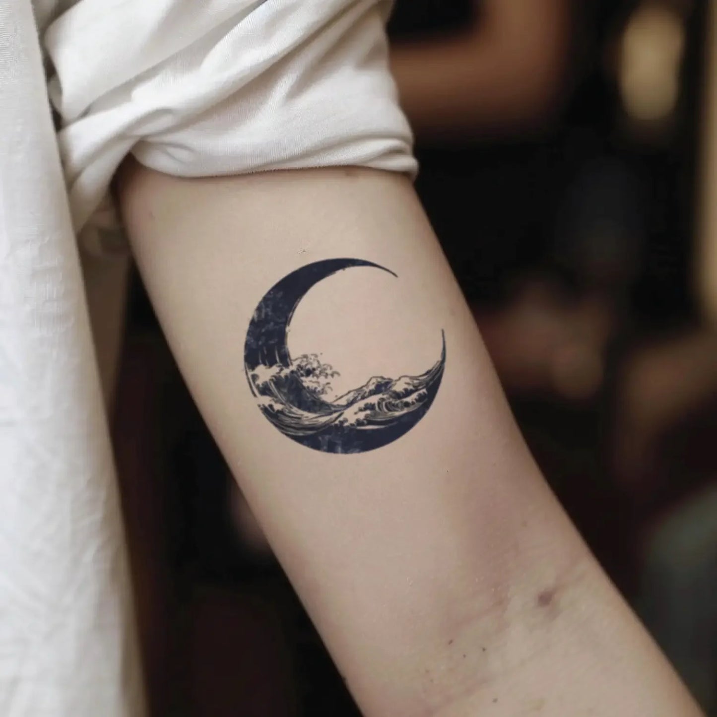 best cool simple small black white grey color japanese great wave moon fake realistic temporary tattoo sticker design idea drawing for men and women on bicep upper arm