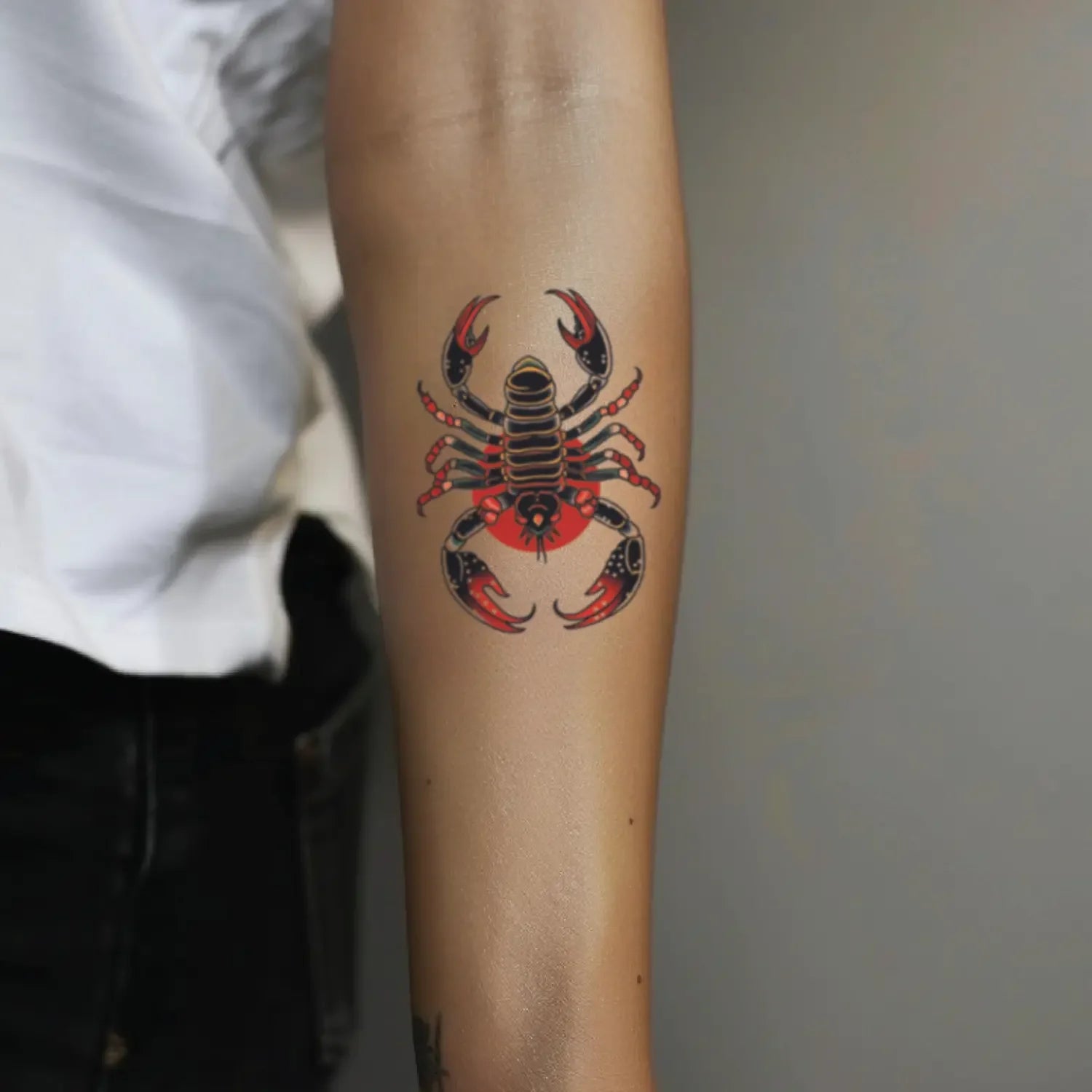 best cool simple small black white grey red color traditional scorpion fake realistic temporary tattoo sticker design idea drawing for men and women on forearm lower arm