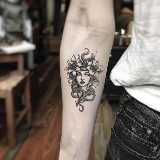 best cool simple small black white grey color medusa flower fake realistic temporary tattoo sticker design idea drawing for men and women on forearm lower inner arm